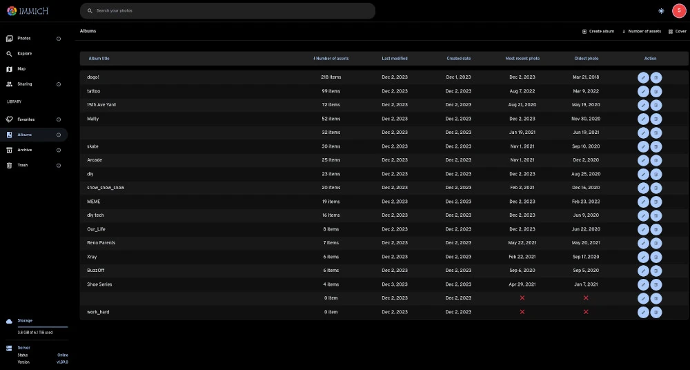 Immich dashboard of galleries